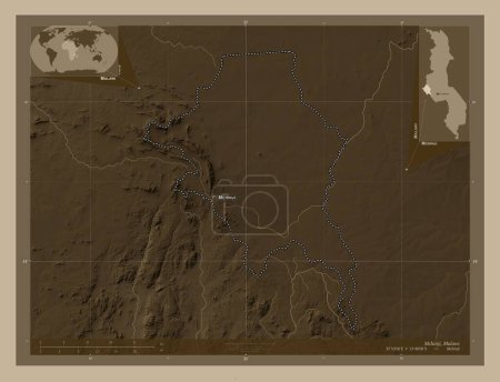 Photo for Mchinji, district of Malawi. Elevation map colored in sepia tones with lakes and rivers. Locations and names of major cities of the region. Corner auxiliary location maps - Royalty Free Image
