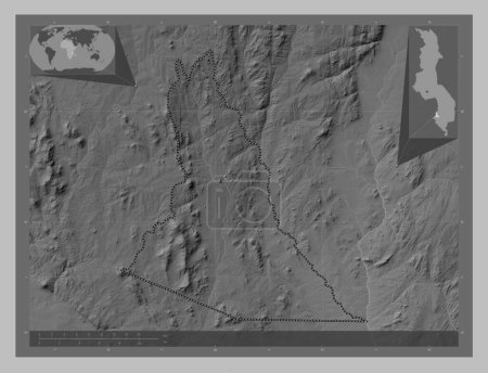 Photo for Mwanza, district of Malawi. Grayscale elevation map with lakes and rivers. Corner auxiliary location maps - Royalty Free Image