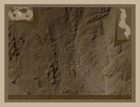 Photo for Mwanza, district of Malawi. Elevation map colored in sepia tones with lakes and rivers. Locations of major cities of the region. Corner auxiliary location maps - Royalty Free Image