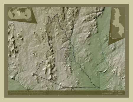 Photo for Mwanza, district of Malawi. Elevation map colored in wiki style with lakes and rivers. Locations and names of major cities of the region. Corner auxiliary location maps - Royalty Free Image