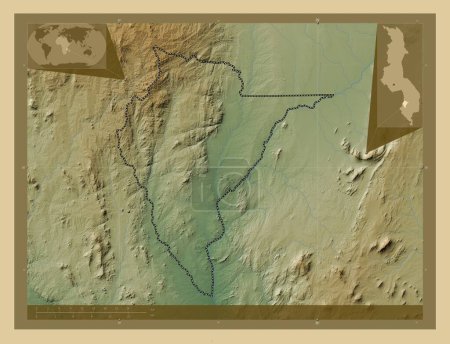 Photo for Neno, district of Malawi. Colored elevation map with lakes and rivers. Locations of major cities of the region. Corner auxiliary location maps - Royalty Free Image