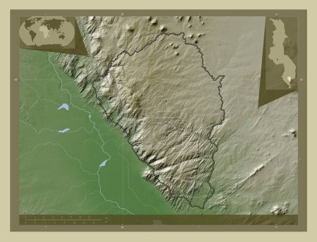 Photo for Thyolo, district of Malawi. Elevation map colored in wiki style with lakes and rivers. Corner auxiliary location maps - Royalty Free Image