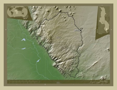 Photo for Thyolo, district of Malawi. Elevation map colored in wiki style with lakes and rivers. Locations and names of major cities of the region. Corner auxiliary location maps - Royalty Free Image