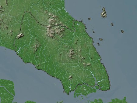 Téléchargez les photos : Johor, État de Malaisie. Carte d'altitude colorée dans le style wiki avec des lacs et des rivières - en image libre de droit
