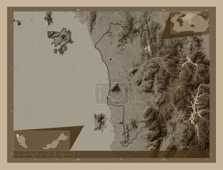 Photo for Kedah, state of Malaysia. Elevation map colored in sepia tones with lakes and rivers. Corner auxiliary location maps - Royalty Free Image