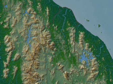 Téléchargez les photos : Kelantan, État de Malaisie. Carte d'altitude colorée avec lacs et rivières - en image libre de droit