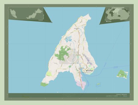 Téléchargez les photos : Labuan, territoire fédéral de la Malaisie. Ouvrir la carte routière. Emplacements et noms des grandes villes de la région. Corner cartes de localisation auxiliaires - en image libre de droit