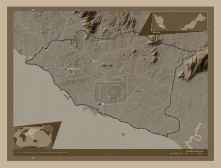 Photo for Melaka, state of Malaysia. Elevation map colored in sepia tones with lakes and rivers. Locations and names of major cities of the region. Corner auxiliary location maps - Royalty Free Image