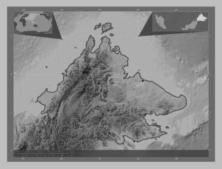 Téléchargez les photos : Sabah, état de Malaisie. Carte d'altitude en niveaux de gris avec lacs et rivières. Emplacements des grandes villes de la région. Corner cartes de localisation auxiliaires - en image libre de droit