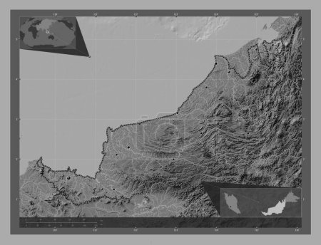 Photo for Sarawak, state of Malaysia. Bilevel elevation map with lakes and rivers. Locations of major cities of the region. Corner auxiliary location maps - Royalty Free Image