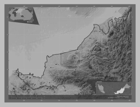 Téléchargez les photos : Sarawak, état de Malaisie. Carte d'altitude en niveaux de gris avec lacs et rivières. Emplacements et noms des grandes villes de la région. Corner cartes de localisation auxiliaires - en image libre de droit