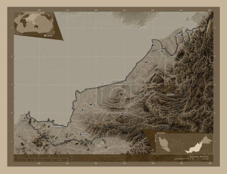 Photo for Sarawak, state of Malaysia. Elevation map colored in sepia tones with lakes and rivers. Locations and names of major cities of the region. Corner auxiliary location maps - Royalty Free Image