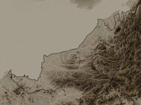 Photo for Sarawak, state of Malaysia. Elevation map colored in sepia tones with lakes and rivers - Royalty Free Image