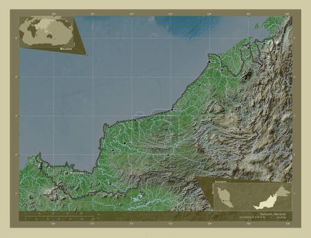 Photo for Sarawak, state of Malaysia. Elevation map colored in wiki style with lakes and rivers. Locations and names of major cities of the region. Corner auxiliary location maps - Royalty Free Image