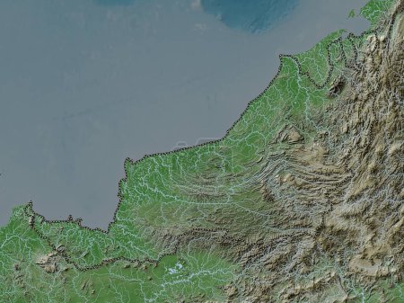 Photo for Sarawak, state of Malaysia. Elevation map colored in wiki style with lakes and rivers - Royalty Free Image