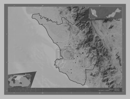 Photo for Selangor, state of Malaysia. Grayscale elevation map with lakes and rivers. Locations and names of major cities of the region. Corner auxiliary location maps - Royalty Free Image