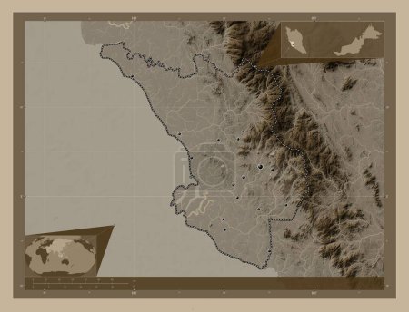 Photo for Selangor, state of Malaysia. Elevation map colored in sepia tones with lakes and rivers. Locations of major cities of the region. Corner auxiliary location maps - Royalty Free Image