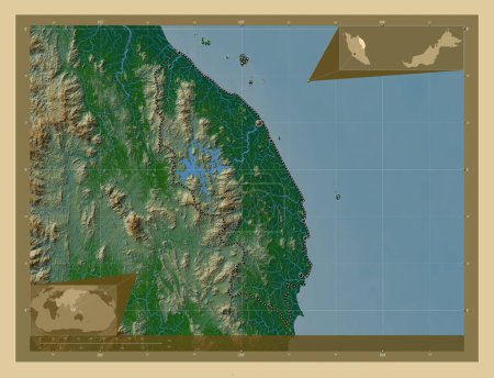 Téléchargez les photos : Trengganu, État de Malaisie. Carte d'altitude colorée avec lacs et rivières. Emplacements des grandes villes de la région. Corner cartes de localisation auxiliaires - en image libre de droit