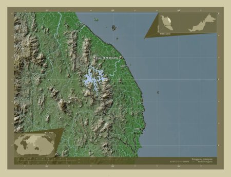 Téléchargez les photos : Trengganu, État de Malaisie. Carte d'altitude colorée dans le style wiki avec des lacs et des rivières. Emplacements et noms des grandes villes de la région. Corner cartes de localisation auxiliaires - en image libre de droit