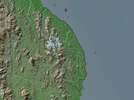 Téléchargez les photos : Trengganu, État de Malaisie. Carte d'altitude colorée dans le style wiki avec des lacs et des rivières - en image libre de droit