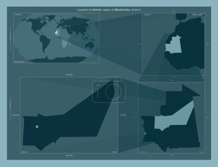 Foto de Adrar, región de Mauritania. Diagrama que muestra la ubicación de la región en mapas a gran escala. Composición de marcos vectoriales y formas PNG sobre un fondo sólido - Imagen libre de derechos