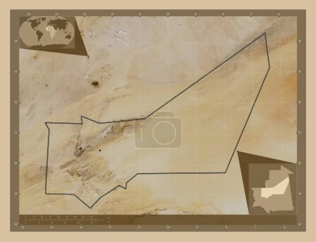 Foto de Adrar, región de Mauritania. Mapa satelital de baja resolución. Ubicaciones de las principales ciudades de la región. Mapas de ubicación auxiliares de esquina - Imagen libre de derechos