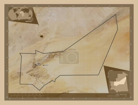 Foto de Adrar, región de Mauritania. Mapa satelital de baja resolución. Ubicaciones y nombres de las principales ciudades de la región. Mapas de ubicación auxiliares de esquina - Imagen libre de derechos