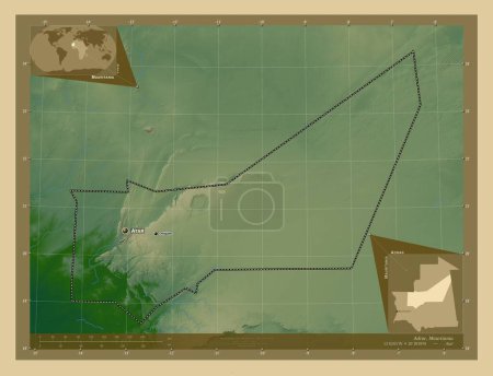 Foto de Adrar, región de Mauritania. Mapa de elevación de colores con lagos y ríos. Ubicaciones y nombres de las principales ciudades de la región. Mapas de ubicación auxiliares de esquina - Imagen libre de derechos