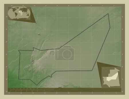 Foto de Adrar, región de Mauritania. Mapa de elevación coloreado en estilo wiki con lagos y ríos. Mapas de ubicación auxiliares de esquina - Imagen libre de derechos