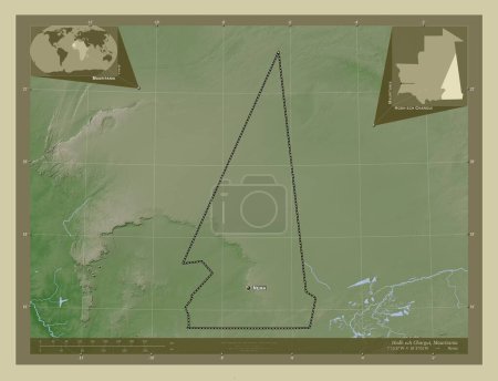 Foto de Hodh ech Chargui, región de Mauritania. Mapa de elevación coloreado en estilo wiki con lagos y ríos. Ubicaciones y nombres de las principales ciudades de la región. Mapas de ubicación auxiliares de esquina - Imagen libre de derechos