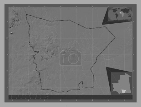 Téléchargez les photos : Hodh el Gharbi, région de Mauritanie. Carte d'altitude de Bilevel avec lacs et rivières. Emplacements des grandes villes de la région. Corner cartes de localisation auxiliaires - en image libre de droit