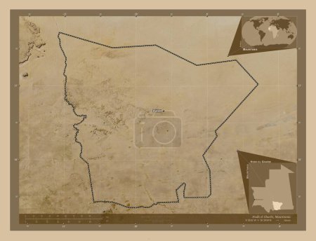 Téléchargez les photos : Hodh el Gharbi, région de Mauritanie. Carte satellite basse résolution. Emplacements et noms des grandes villes de la région. Corner cartes de localisation auxiliaires - en image libre de droit