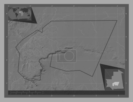 Foto de Tagant, región de Mauritania. Mapa de elevación de Bilevel con lagos y ríos. Mapas de ubicación auxiliares de esquina - Imagen libre de derechos