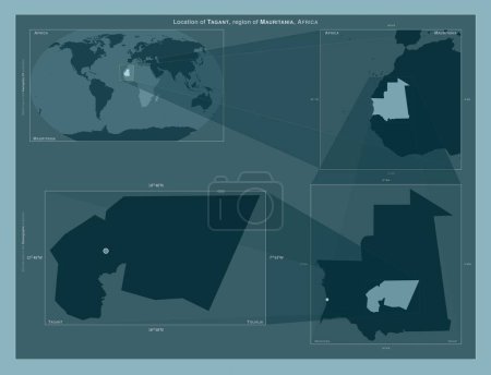 Foto de Tagant, región de Mauritania. Diagrama que muestra la ubicación de la región en mapas a gran escala. Composición de marcos vectoriales y formas PNG sobre un fondo sólido - Imagen libre de derechos