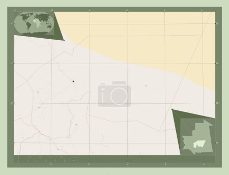 Foto de Tagant, región de Mauritania. Open Street Map. Ubicaciones de las principales ciudades de la región. Mapas de ubicación auxiliares de esquina - Imagen libre de derechos