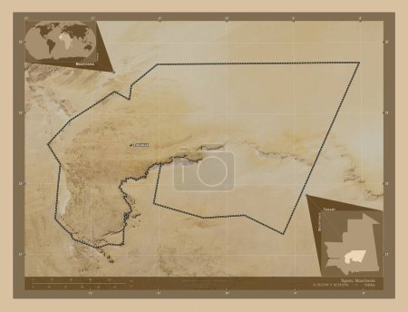 Foto de Tagant, región de Mauritania. Mapa satelital de baja resolución. Ubicaciones y nombres de las principales ciudades de la región. Mapas de ubicación auxiliares de esquina - Imagen libre de derechos