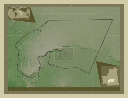 Foto de Tagant, región de Mauritania. Mapa de elevación coloreado en estilo wiki con lagos y ríos. Ubicaciones de las principales ciudades de la región. Mapas de ubicación auxiliares de esquina - Imagen libre de derechos