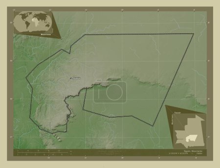 Foto de Tagant, región de Mauritania. Mapa de elevación coloreado en estilo wiki con lagos y ríos. Ubicaciones y nombres de las principales ciudades de la región. Mapas de ubicación auxiliares de esquina - Imagen libre de derechos