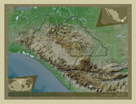 Chiapas, estado de México. Mapa de elevación coloreado en estilo wiki con lagos y ríos. Ubicaciones y nombres de las principales ciudades de la región. Mapas de ubicación auxiliares de esquina