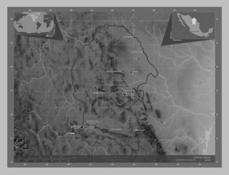 Téléchargez les photos : Coahuila, État du Mexique. Carte d'altitude en niveaux de gris avec lacs et rivières. Emplacements et noms des grandes villes de la région. Corner cartes de localisation auxiliaires - en image libre de droit