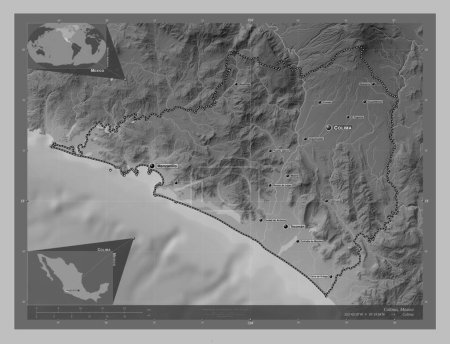 Photo for Colima, state of Mexico. Grayscale elevation map with lakes and rivers. Locations and names of major cities of the region. Corner auxiliary location maps - Royalty Free Image