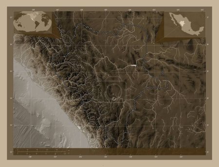 Photo for Durango, state of Mexico. Elevation map colored in sepia tones with lakes and rivers. Corner auxiliary location maps - Royalty Free Image