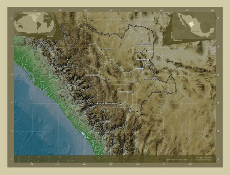 Photo for Durango, state of Mexico. Elevation map colored in wiki style with lakes and rivers. Locations and names of major cities of the region. Corner auxiliary location maps - Royalty Free Image