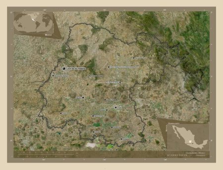 Foto de Guanajuato, estado de México. Mapa satelital de alta resolución. Ubicaciones y nombres de las principales ciudades de la región. Mapas de ubicación auxiliares de esquina - Imagen libre de derechos