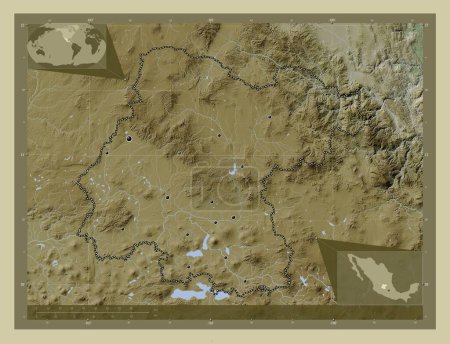 Foto de Guanajuato, estado de México. Mapa de elevación coloreado en estilo wiki con lagos y ríos. Ubicaciones de las principales ciudades de la región. Mapas de ubicación auxiliares de esquina - Imagen libre de derechos