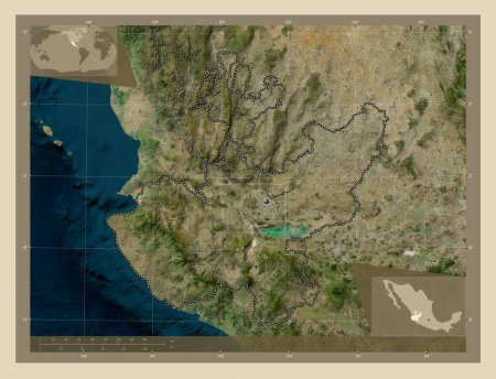Foto de Jalisco, estado de México. Mapa satelital de alta resolución. Mapas de ubicación auxiliares de esquina - Imagen libre de derechos