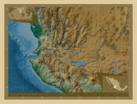 Foto de Jalisco, estado de México. Mapa de elevación de colores con lagos y ríos. Ubicaciones de las principales ciudades de la región. Mapas de ubicación auxiliares de esquina - Imagen libre de derechos