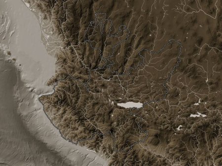 Foto de Jalisco, estado de México. Mapa de elevación coloreado en tonos sepia con lagos y ríos - Imagen libre de derechos