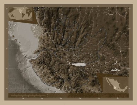 Foto de Jalisco, estado de México. Mapa de elevación coloreado en tonos sepia con lagos y ríos. Ubicaciones de las principales ciudades de la región. Mapas de ubicación auxiliares de esquina - Imagen libre de derechos