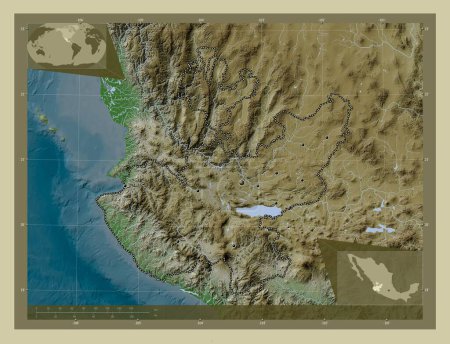 Jalisco, État du Mexique. Carte d'altitude colorée dans le style wiki avec des lacs et des rivières. Emplacements des grandes villes de la région. Corner cartes de localisation auxiliaires